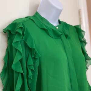 ZARA Women’s Emerald Green Ruffled Chiffon Blouse Long Sleeve Size S NEW